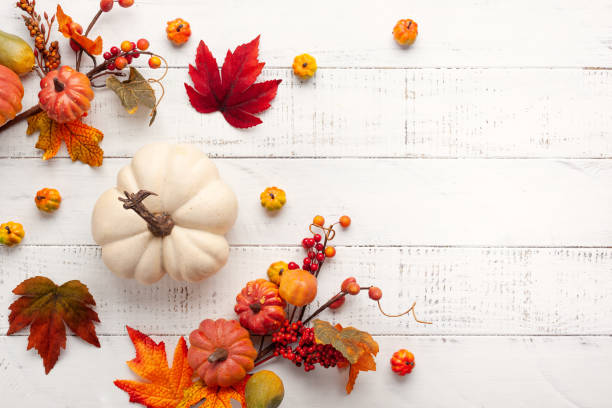 istock Festive autumn decor from pumpkins, berries and leaves 1254380246
