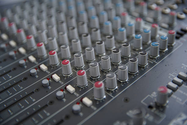 istock Sound amplifier and equalizer studio mixer control panel for sound recording. Selective focus. 1254380350