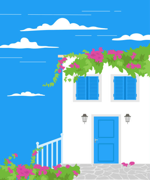 Traditional greek landscape. Traditional greek landscape. Tourism concept. Vector illustration. crete cartoon stock illustrations