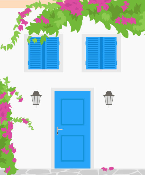 Traditional greek house with blooming flowers. Traditional greek house with blooming flowers. Tourism concept. Vector illustration. crete cartoon stock illustrations