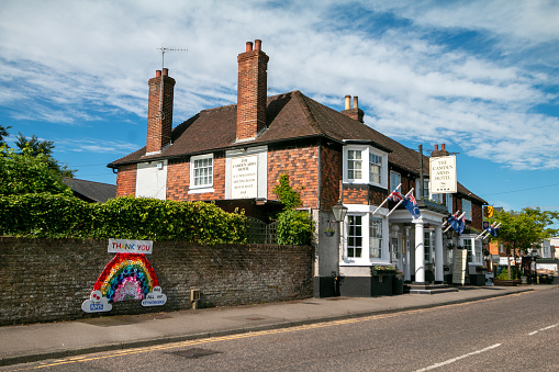 Camden Arms Hotel in Pembury, England. This is a historic privately owned premises on the Pembury High Street. A rainbow has been designed outside to thank the NHS for their efforts during the Ciovid-19 crisis.