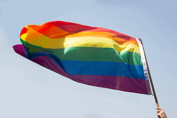 istock Gay pride flag on blue sky background 1254382325