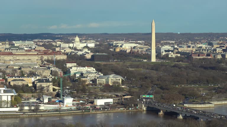 Aerial high angle view of Washington DC National Mall with Lincoln Memorial Washington Monument and United States Capitol. USA Landmark and travel destination concept