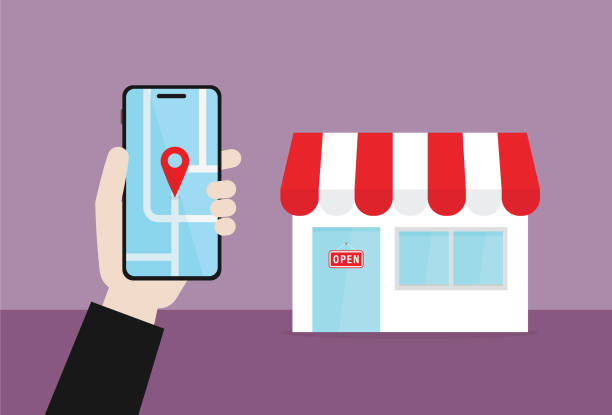 Businessman holds a mobile phone to find a shop location Store, City street, Search Engine, Shopping, Community Local SEO stock illustrations