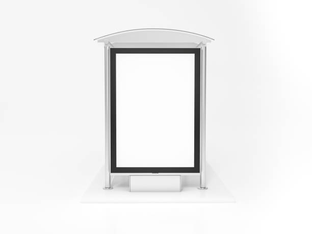 transporte público pare com outdoor e lugar para renderização 3d de mensagem. ilustração 3d parada de ônibus com faixas em branco luz led isolada em fundo branco. - bench advertisement commercial sign outdoors - fotografias e filmes do acervo