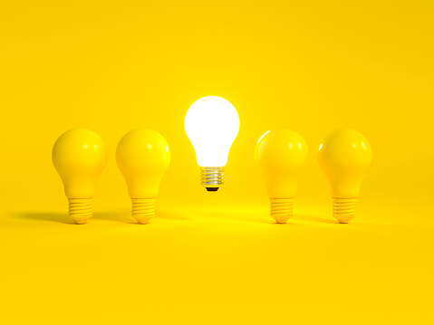 Realistic light bulb 3d rendering. Turned off and glowing lamps on yellow background. Creative idea and innovation lightbulb 3d business and electricity interior lights decorations minimal concept.