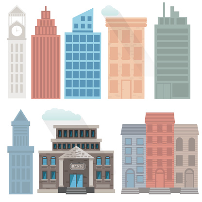 a set of buildings to create your own cityscape. The only transparency is the cloud. All other elements are flat color. CMYK