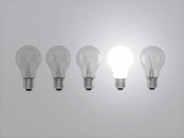istock Realistic light bulb 3d rendering. Turned off and glowing lamps on background. Creative idea and innovation lightbulb 3d business and electricity interior lights decorations minimal concept. 1254389170