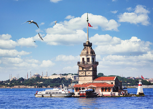 The Maiden's Tower (Turkish: Kız Kulesi), also known in the ancient Greek and medieval Byzantine periods as Leander's Tower (Tower of Leandros), sits on a small islet located at the southern entrance of Bosphorus strait 200 m (220 yd) off the coast of Üsküdar in Istanbul, Turkey.