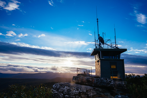 The view from Reeds Lookout and fire tower at sunset in the Grampians, Victoria, Australia