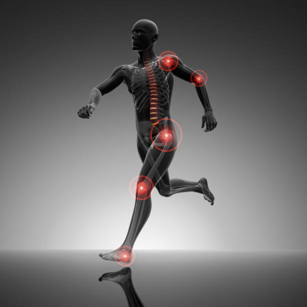 3D male figure in running pose on dark gray background 3D male figure in running pose on gray background - 3D illustration joint body part photos stock pictures, royalty-free photos & images
