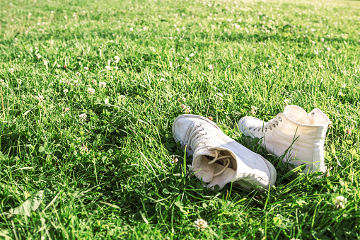 Gumshoes sneakers left on a fresh lawn meadow with green grass.