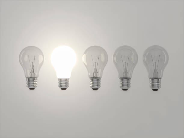 istock Realistic light bulb 3d rendering. Turned off and glowing lamps on background. Creative idea and innovation lightbulb 3d business and electricity interior lights decorations minimal concept. 1254393967