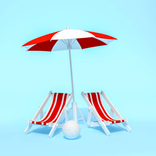 istock Beach chair, Deck chair with red and white stripes isolated on blue background 3d rendering. Sunchair, wooden beach lounge chair with umbrella and volleyball. 3d illustration Summer minimal concept 1254393992
