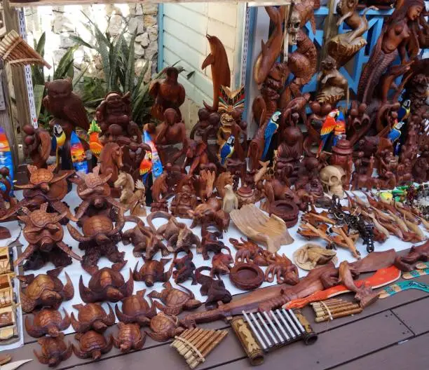 Hand-carved wood tourist souvenirs at Bahamas Straw Market