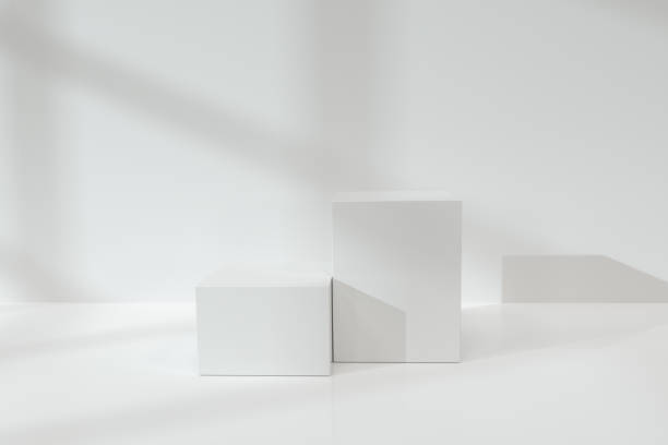pódio cúbico branco no chão, renderização 3d. - box white two objects blank - fotografias e filmes do acervo