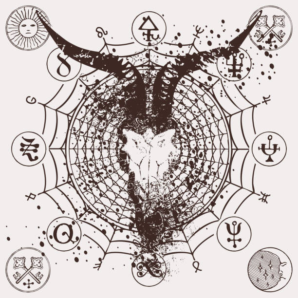 illustrations, cliparts, dessins animés et icônes de bannière avec la tête de chèvre à cornes et les signes magiques - goat skull
