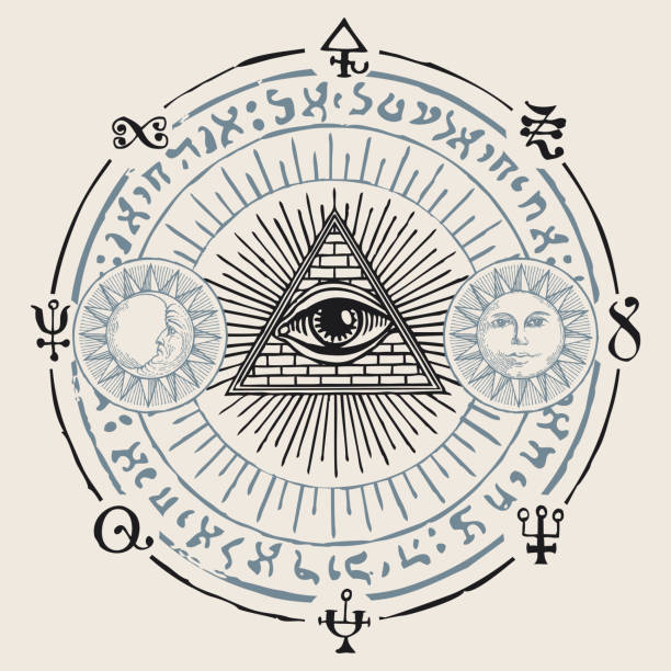 vector banner with third eye and esoteric symbols Illustration with an all-seeing eye, Sun, Moon, alchemical and Masonic symbols. Hand-drawn vector banner in the form of a circle with a third eye, esoteric and magical signs in retro style vintage tattoo styles stock illustrations