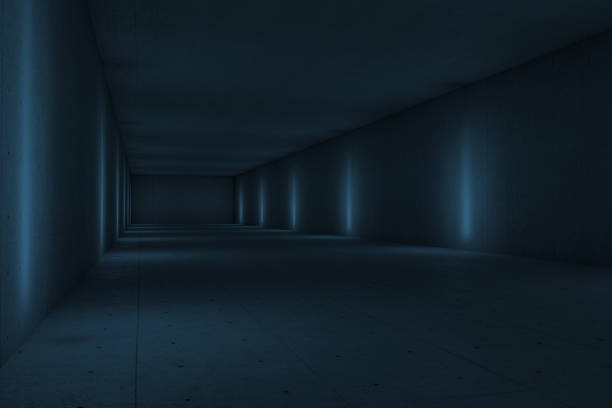 istock Blue dark tunnel with lights aside, 3d rendering. 1254397214