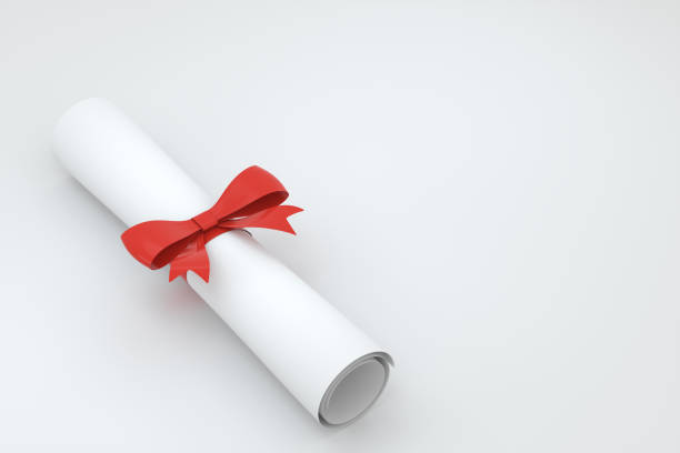 Diploma, paper scroll with red ribbon isolated on white background, 3d rendering.