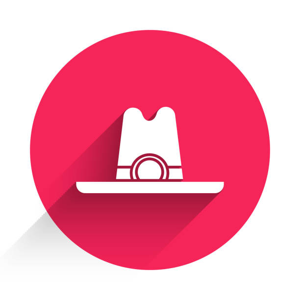 ホワイトウエスタンのカウボーイハットアイコンは、長い影で隔離されています。赤い丸のボタン。ベクトルの図 - cowboy hat hat country and western music wild west点のイラスト素材／クリップアート素材／マンガ素材／アイコン素材