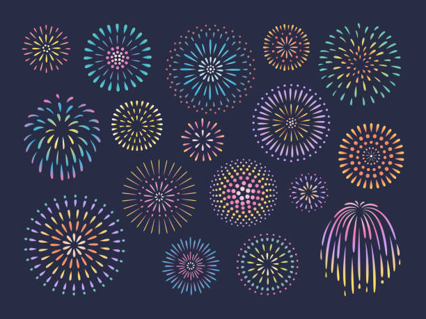 nachthimmel feuerwerk vektor-illustration - fireworks stock-grafiken, -clipart, -cartoons und -symbole