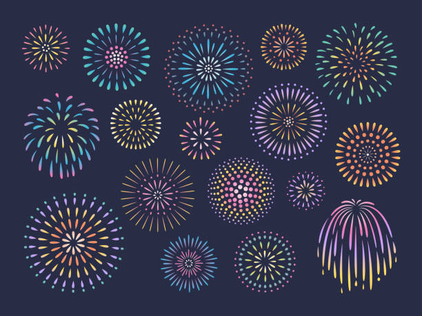 ilustraciones, imágenes clip art, dibujos animados e iconos de stock de ilustración vectorial de fuegos artificiales del cielo nocturno - pyrotechnics