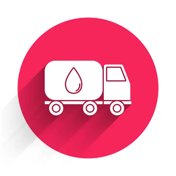 Vector illustration of White Water delivery truck icon isolated with long shadow. Red circle button. Vector Illustration