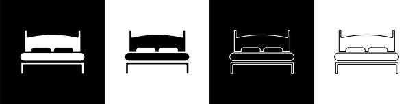 illustrazioni stock, clip art, cartoni animati e icone di tendenza di imposta il letto grande per l'icona di due o una persona isolata su sfondo bianco e nero. illustrazione vettoriale - hotel bed silhouette travel