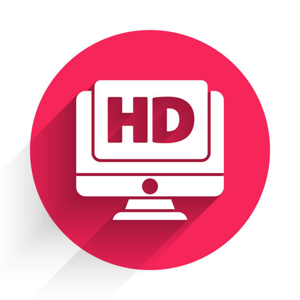 White Computer PC monitor display with HD video technology icon isolated with long shadow. Red circle button. Vector Illustration White Computer PC monitor display with HD video technology icon isolated with long shadow. Red circle button. Vector Illustration high resolution stock illustrations