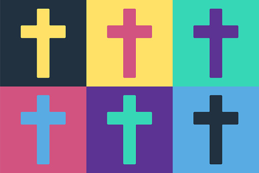 Pop art Christian cross icon isolated on color background. Church cross. Vector Illustration