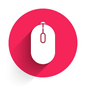 istock White Computer mouse gaming icon isolated with long shadow. Optical with wheel symbol. Red circle button. Vector Illustration 1254406686