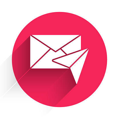 White Envelope icon isolated with long shadow. Email message letter symbol. Red circle button. Vector Illustration