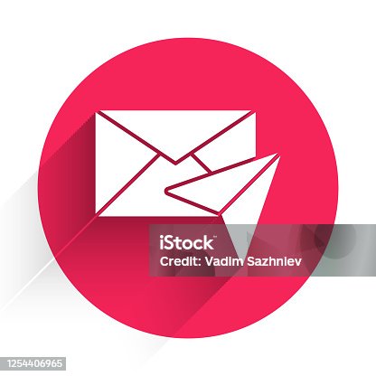 istock White Envelope icon isolated with long shadow. Email message letter symbol. Red circle button. Vector Illustration 1254406965