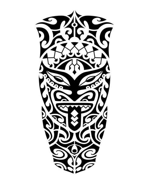 Tattoo sketch maori style for leg or shoulder Tattoo sketch maori style for leg or shoulder with mask face totem polynesian shoulder tattoo designs stock illustrations