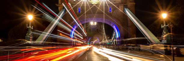 tower bridge em londres, reino unido. longa exposição e tiro noturno. banner web em vista panorâmica. - london england financial district england long exposure - fotografias e filmes do acervo