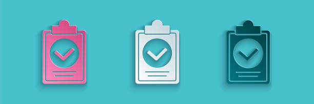 ilustrações de stock, clip art, desenhos animados e ícones de paper cut verification of delivery list clipboard icon isolated on blue background. paper art style. vector illustration - checkbox check mark checklist clipboard