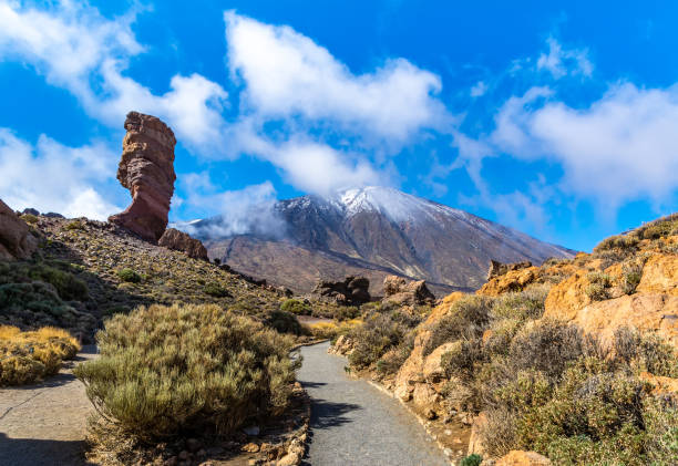 vue étonnante de la formation rocheuse unique de roque cinchado avec le célèbre pico del teide en arrière-plan par une journée ensoleillée, parc national de teide, tenerife, îles canaries, espagne. image artistique. monde de la beauté. concept de v - el teide national park photos et images de collection