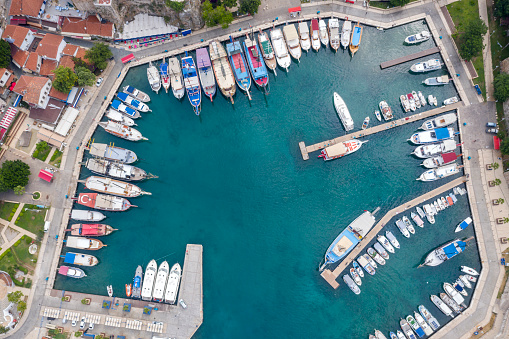 Aerial view of Antalya Old City and Harbour. Taken via drone. Antalya, Turkey