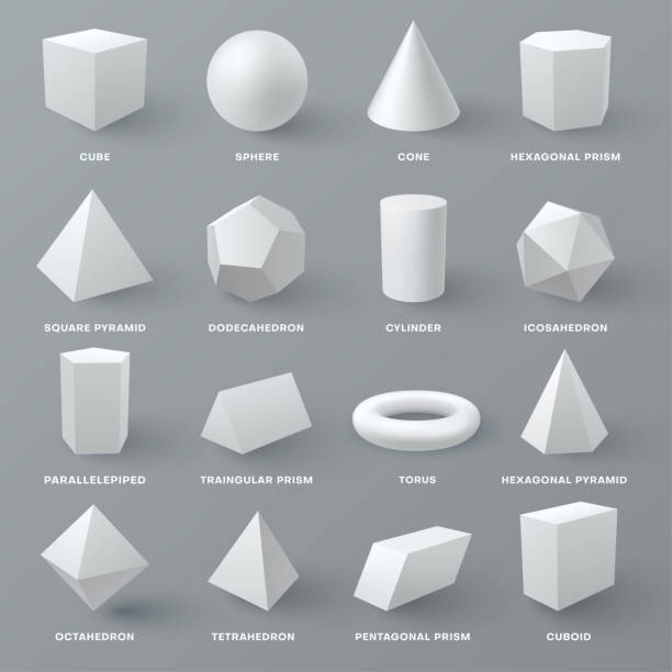 Geometric figures realistic mockups set. Cone, cube, sphere, hexagonal, triangular, pentagonal prisms. Geometric figures white realistic mockups set. Cone, cube, sphere, hexagonal, triangular, pentagonal prisms, square, hexagonal pyramids, dodecahedron, cylinder, icosahedron vector isolated collection. polyhedron stock illustrations