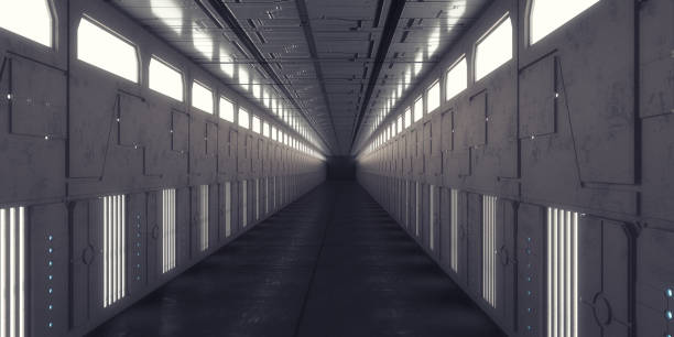 istock 3d render. Futuristic spaceship scifi corridor architecture 1254411694