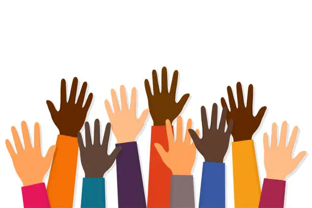 Vector illustration of Stop racism. protest. Raised up hands of people with different skin colors. Justice and no racism concept