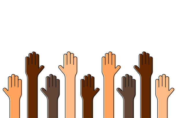 illustrations, cliparts, dessins animés et icônes de arrêtez le racisme. la vie des noirs compte. mains levées de personnes avec des couleurs différentes de peau. la justice et aucun concept de racisme - protest stop gesture stop sign no