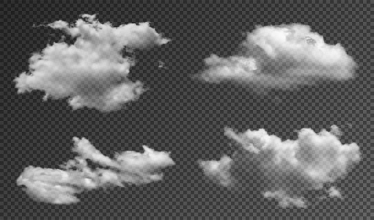 Realistic fluffy clouds isolated on transparent background. Set of transparent clouds with realistic texture, shine and sunlight effect. Vector