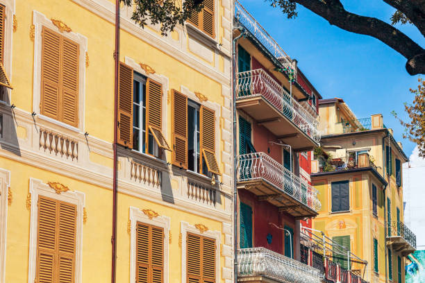 istock Residential district showing apartment buildings with unique architecture including painted facades in Santa Margherita Ligure, Italy 1254416799