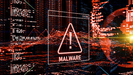 Malware Detected Warning Screen with abstract binary code 3d digital concept