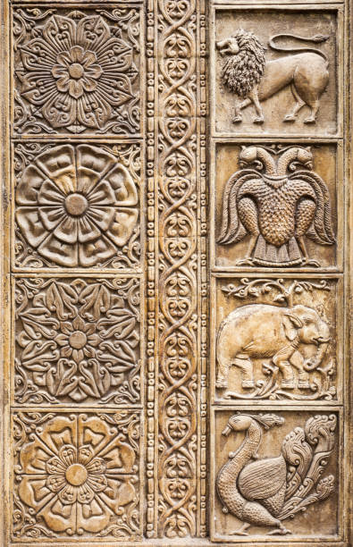 Relief carving pattern on the Gangaramaya Temple exterior. Gangaramaya Temple is a buddhist temple in Colombo, Sri Lanka.