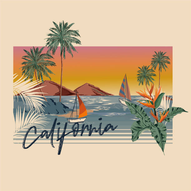 Vintage hand writing California typography with palm trees and island  Summer vacations beach , Design for fashion, T-shirt,graphic tee, Teaxtile ,card , Banners and all graphic type.