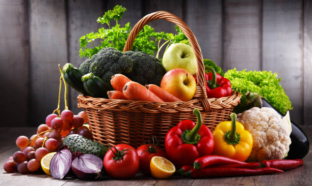 istock Composition with assorted organic vegetables and fruits 1254418530