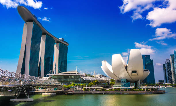 Marina Bay Sands and ArtScience Museum in Singapore SINGAPORE - MAR 2, 2020: Marina Bay Sands and ArtScience Museum in Singapore singapore artscience museum and marina bay sands stock pictures, royalty-free photos & images